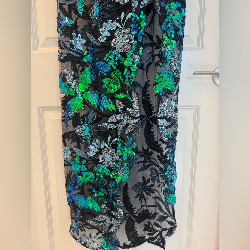 NWOT BRONX AND BANCO ZINNA EMBROIDERED EVENING Blue and Green Floral DRESS - Picture 8 of 13